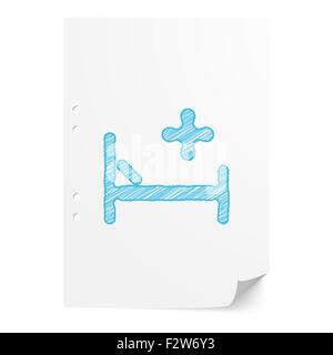 Lit d'hôpital handdrawn bleu illustration sur papier blanc feuille avec copie espace Banque D'Images