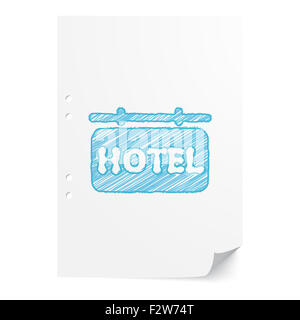 Hôtel handdrawn illustration signe bleu sur papier blanc feuille avec copie espace Banque D'Images