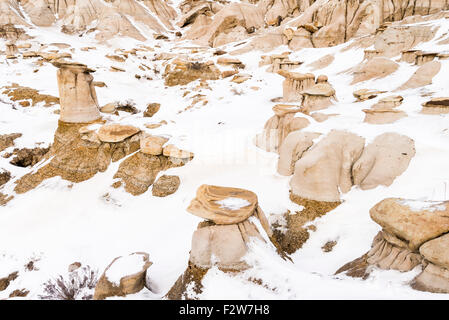 Badlands, cheminées en hiver, Willow Creek, Drumheller, Alberta, Canada Banque D'Images