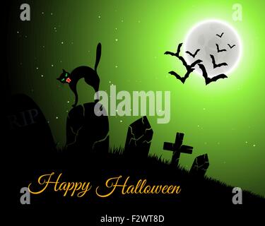 Happy Halloween Carte de Vœux. Design élégant avec un cimetière, Cat on tombe, lune sur vert Ciel étoilé et silhouettes de voler les chauves-souris. Vector illustration. Illustration de Vecteur