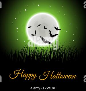 Happy Halloween Carte de Vœux. Design élégant avec lune sur vert Ciel étoilé et silhouettes de voler les chauves-souris. Vector illustration. Illustration de Vecteur