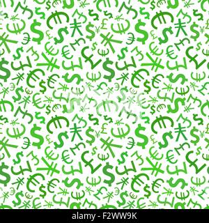 Panneaux verts de devises du monde entier sur blanc, motif transparent Illustration de Vecteur