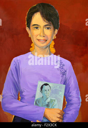 Peinture de Aung San Suu Kyi célèbre pour sa lutte non violente pour la démocratie et les droits de l'homme au Myanmar et chef de NDL Banque D'Images