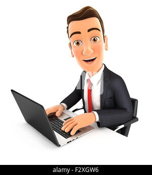 Homme d 3d fonctionne sur ordinateur portable, isolé sur fond blanc Banque D'Images