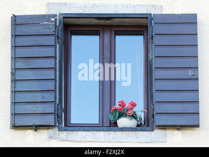 Une belle fenêtre avec volets en bois brun et des fleurs dans le pot Banque D'Images