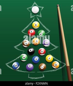 Boules de billard pool représentant des boules de noël sur un dessin à la craie. Banque D'Images