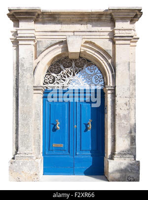 Porte bleue avec blanc dentelle de fer. Portes peintes de Malte série. Banque D'Images