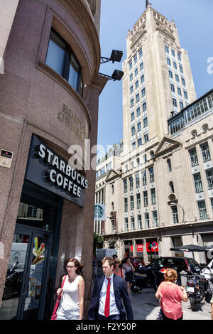 Madrid Espagne,Hispanic Centro,Calle de Alcala,Starbucks Coffee,café,café,avant,entrée,extérieur,panneau,Edificio la Union y el Fenix,Spain15070107 Banque D'Images