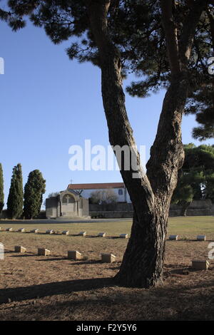 Tracé 1 pierres tombales vue en section avec des cônes de pin sur le premier plan. Grande Croix cénotaphe en arrière-plan. Portianos - CSGC, Limnos Banque D'Images