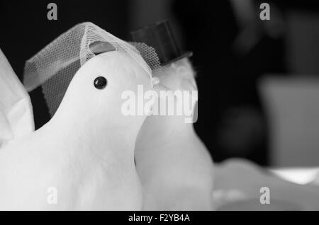 Paire de figurines de décoration de mariage colombe noir et blanc gros plan Banque D'Images