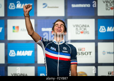 Richmond, Virginia, USA. 25 Septembre, 2015. France's Kevin Ledanois réagit après avoir remporté la course U23 Vendredi 25 septembre 2015 au cours de l'UCI Championnats du Monde sur route à Richmond, Virginia, United States. Credit : Sean Meyers/ZUMA/Alamy Fil Live News Banque D'Images