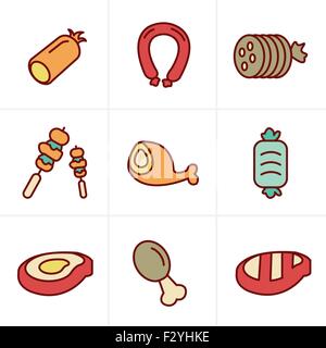 Icônes de Style de ligne de la viande et des saucisses noir vector icon set on white Illustration de Vecteur