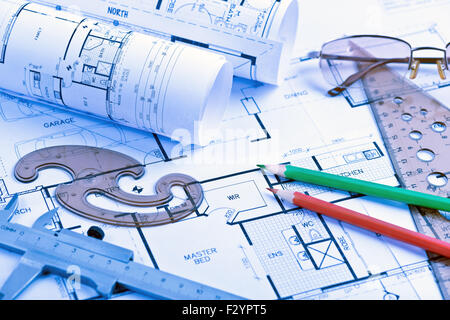 Plans d'architecture et d'ingénierie des rouleaux. Tonique en bleu Banque D'Images