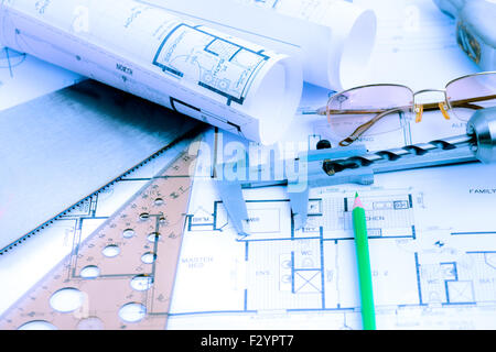 Plans d'architecture et d'ingénierie des rouleaux. Tonique en bleu Banque D'Images