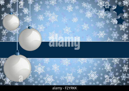 Carte de vœux de Noël. Carte de Noël de couleur bleu avec retro blanc et babioles snowflake background. Banque D'Images