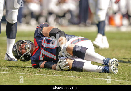 20 septembre 2015, Charlotte garde offensive des Houston Texans, Jeff Adams # 70 coule avec une blessure au genou dans un match contre les Panthers de la Caroline le 20 septembre 2015, au stade Bank of America à Charlotte, Caroline du Nord. Les Panthère défait les Texans 19-10 .Margaret Bowles/CSM Banque D'Images