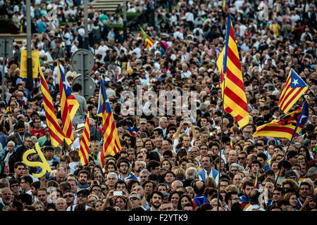 Barcelone, Espagne. 25 Septembre, 2015. Des milliers de partisans de l'indépendance de la partie "liste électorale Junts pel Si' (ensemble pour le oui) remplir l'Avenue Maria Cristina, agitaient des drapeaux au cours de la campagne finale rallye pour les élections autonome de Catalogne : Crédit matthi/Alamy Live News Banque D'Images