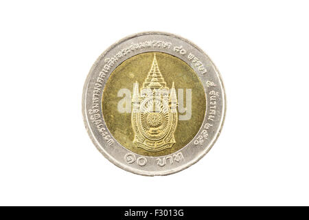 Thaïlande 10 Baht Coin 2007 80e anniversaire du Roi Rama9 sur fond blanc Banque D'Images