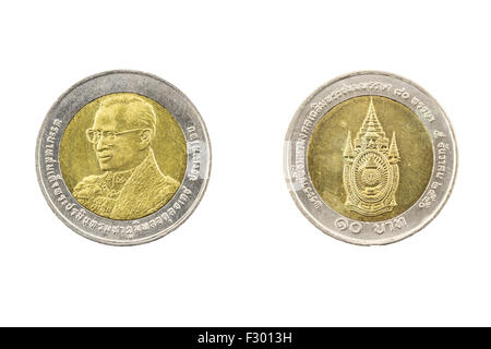 Thaïlande 10 Baht Coin 2007 80e anniversaire du Roi Rama9 sur fond blanc Banque D'Images