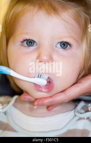 Bébé / enfant l'avoir brossé les dents de lait avec une brosse à dents / brosse à dents - par sa mère. Banque D'Images