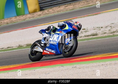 Alcaniz, Espagne. 26 Sep, 2015. MotoGP. Gran Premio Movistar de Aragon. Maverick Viñales (Suzuki) Ecstar pendant les séances de qualification. Credit : Action Plus Sport/Alamy Live News Banque D'Images