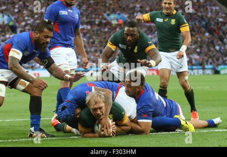 Birmingham, UK. Septembre 26, 2015. Schalk Burger marque un essai pour l'Afrique du Sud l'Afrique du Sud V Samoa, Coupe du Monde de Rugby 2015 l'Afrique du Sud V Samoa, Coupe du Monde de Rugby 2015 Villa Park, Birmingham, Angleterre 26 septembre 2015 Credit : Allstar Photo Library/Alamy Live News Banque D'Images