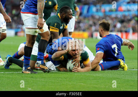 26 Septembre 2015 : Schalk Burger de l'Afrique du Sud montre son plaisir à marquer un essai pendant 15 Match de la Coupe du Monde de Rugby 2015 entre l'Afrique du Sud et les Samoa, le Villa Park, Birmingham, Angleterre (Photo de Rob Munro/CSM) Banque D'Images