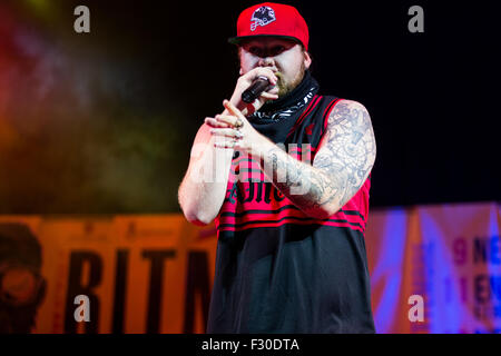 Nichelino, Italie. 26 Sep, 2015. Nitro, rappeur italien, il se produit au cours de la dernière nuit de Ritmika Free Music Festival en Nichelino. © Andrea Gattino/Pacific Press/Alamy Live News Banque D'Images