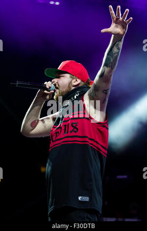 Nichelino, Italie. 26 Sep, 2015. Nitro, rappeur italien, il se produit au cours de la dernière nuit de Ritmika Free Music Festival en Nichelino. © Andrea Gattino/Pacific Press/Alamy Live News Banque D'Images