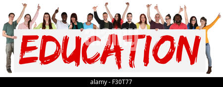 Concept de l'Éducation groupe de jeunes gens ethniques multiples holding banner isolated Banque D'Images