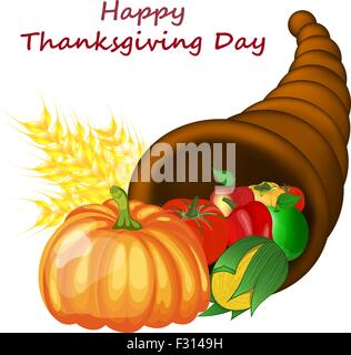 Thanksgiving Day journée carte de vœux. Composé à partir de la conception, de poivre, de citrouille cornucopia tomate, pomme, épis de blé et maïs sur fond blanc. Très mignons et des couleurs chaudes. Vector illustration. Illustration de Vecteur