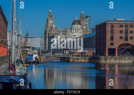 Albert Dock, Liverpool, avec le Royal Liver Building & Port of Liverpool building en arrière-plan, le Merseyside, en Angleterre. Banque D'Images