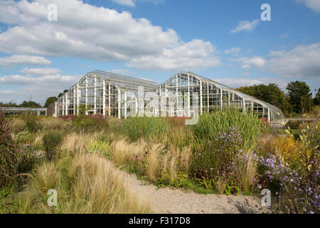 Grande taille commerciale des maisons de verre. Cliché pris à travers les frontières en fleurs Banque D'Images