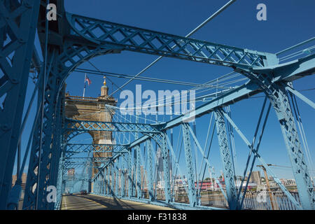 Chaussée ROEBLING SUSPENSION BRIDGE SUR LE CENTRE-VILLE DE LA RIVIÈRE OHIO CINCINNATI OHIO USA Banque D'Images