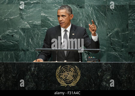 New York, USA. 27 Sep, 2015. Le président des États-Unis, Barack Obama prend la parole à la Conférence sur le développement durable au siège des Nations Unies à New York, le 27 septembre 2015. Credit : Muzi Li/Xinhua/Alamy Live News Banque D'Images