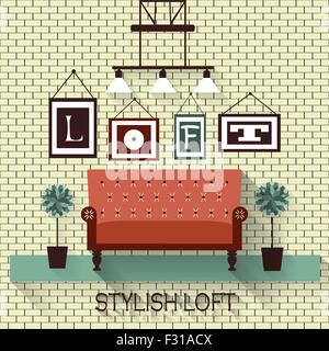 Vintage canapé vector interiorl. Concept mobilier Loft . Télévision des Illustration de Vecteur