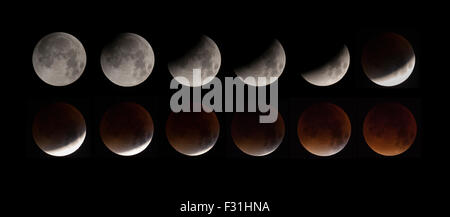 Wimbledon, S.W. Londres. 28 Septembre, 2015. Éclipse lunaire totale du supermoon capturé comme une séquence de plus de 3 heures et montrant les masses ombre couvrant progressivement le disque lunaire. Credit : Malcolm Park editorial/Alamy Live News Banque D'Images