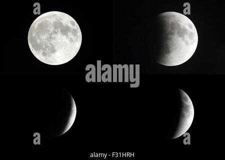 New York, USA. 27 Sep, 2015. Cette combinaison photo montre une éclipse lunaire totale, à New York, États-Unis, le 27 septembre 2015. Credit : Muzi Li/Xinhua/Alamy Live News Banque D'Images