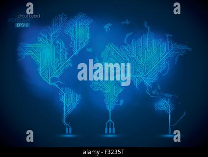 Carte du monde reliés par des lignes de circuit, vector background. Illustration de Vecteur
