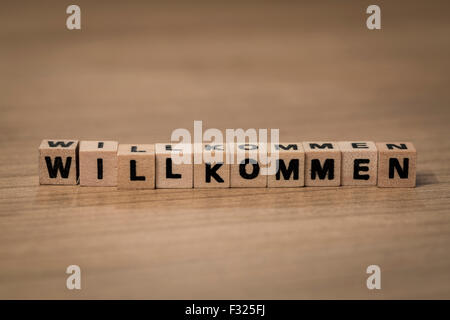Bienvenue Willkommen (Allemand) écrit en cubes en bois sur un bureau Banque D'Images