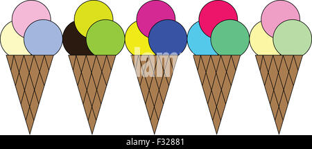 Boules de crème glacée sur cornet gaufré isolé sur blanc- vector illustration Banque D'Images