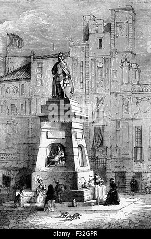 Un paysage de rue à Barcelone, Espagne autour de 1705 avec la fontaine du vieil homme. Banque D'Images