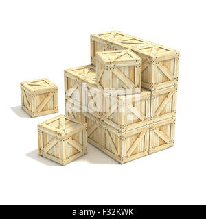 Boîtes en bois. Rendu 3D illustration isolé sur fond blanc Banque D'Images
