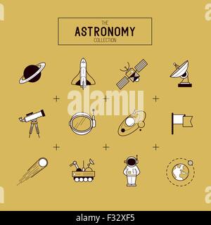 Or l'astronomie Vector Icon Set. Une collection d'icônes de ligne sur le thème de l'espace y compris une planète, rocket, spaceman et système solaire. Illustration de Vecteur