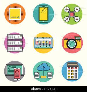 Vecteur de la technologie Icon Set. Une collection de la technologie moderne, y compris une CPU, drone, serveurs et périphériques mobiles. Illustration de Vecteur