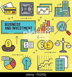 Vecteur d'affaires et d'investissement. Une collection de solutions financières et d'icônes de ligne à thème, y compris des graphiques, des éléments financiers Illustration de Vecteur