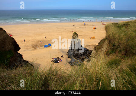 Plage à pile Rock Gwithian Towans, Cornwall, Royaume-Uni. Banque D'Images