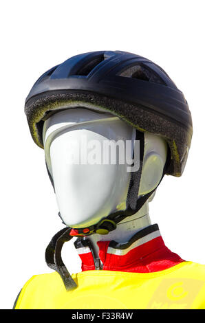 Modèle avec kit de protection vélo et un casque isolé sur fond blanc Banque D'Images