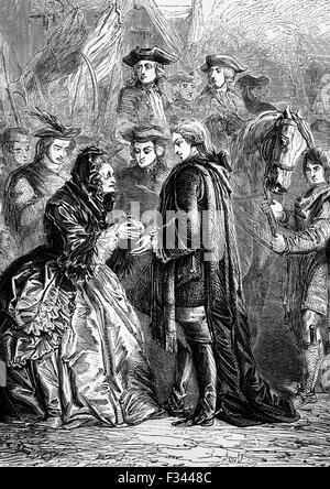 Suite à la bataille de Prestonpans, 21 septembre 1745, le Prince Charles, communément connu sous le nom de Bonnie Prince Charlie ou le Jeune Prétendant, vers le sud jusqu'à la Mersey où il a rencontré Mme Skyring, la vieille fille d'un cavalier. Banque D'Images