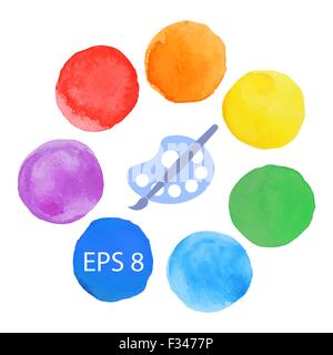 Le pinceau avec l'icône de la palette, l'art vectoriel palette avec 7 couleurs, illustration, art palette avec peintures et pinceau Illustration de Vecteur